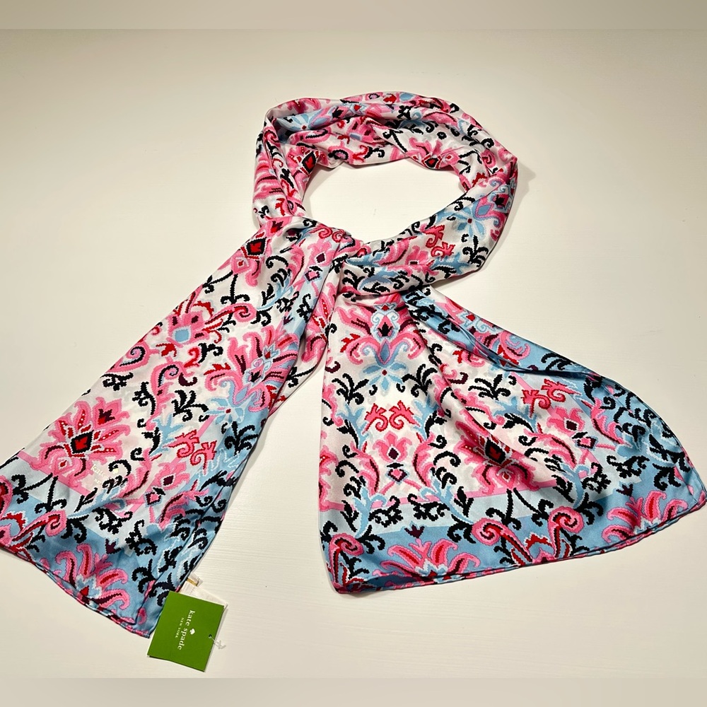 Kate Spade New York Tapestry Square Silk Scarf Cream Pink & Blue Tassle 34 x 34